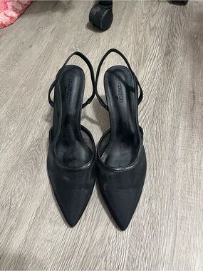 Black mesh sling heels kitten heels